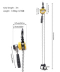 Compact Manual Chain Hoist Lever Block 0.25 Ton Capacity 550 Lbs Lift 10 Ft Chain With Lifting Hook Anti Jam Guide Wheel Handy Knob Adjustable, side and top view with dimensions