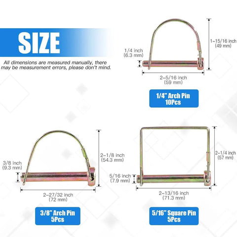 Built Tough Heavy Duty PTO Pin Assortment Kit for Farm Trailers and Wagons, diagram of 20 pcs zinc plated steel pins in various sizes.