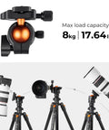 Lightweight 64 Inch Camera Tripod With 360 Degree Ball Head And Smartphone Clip For Live Streaming And Vlog Travel Outdoor DSLR Stand 8 Kg Load Capacity Folds To 39.5 Cm And Extends From 52 Cm To 163 Cm showing max load capacity of 8 kg
