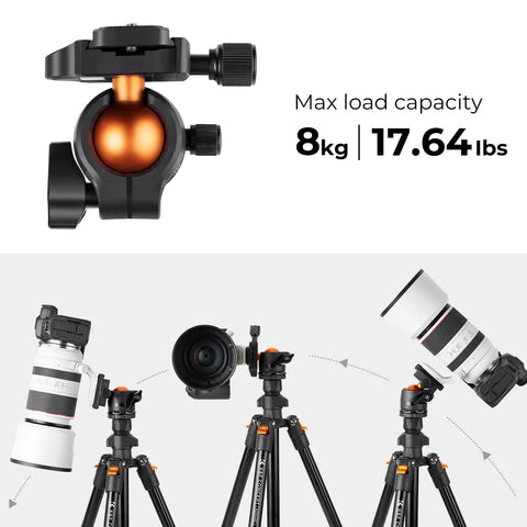 Lightweight 64 Inch Camera Tripod With 360 Degree Ball Head And Smartphone Clip For Live Streaming And Vlog Travel Outdoor DSLR Stand 8 Kg Load Capacity Folds To 39.5 Cm And Extends From 52 Cm To 163 Cm showing max load capacity of 8 kg