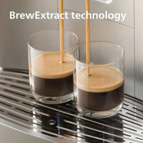 Super Automatic Espresso Maker With Smooth LatteGo Pro Milk Frother Brewextract Grind Boost For Heavy Bean Kick, brewing coffee using BrewExtract technology.