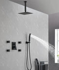 Shower System, 10-Inch Rain Head with Body Jets and Handheld, Matte Black, featuring overhead rainfall and handheld spray.