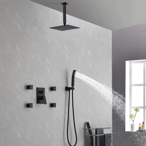 Shower System, 10-Inch Rain Head with Body Jets and Handheld, Matte Black, featuring overhead rainfall and handheld spray.