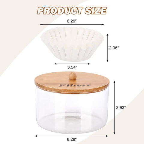 Rustic Glass Coffee Filter Holder With Lid, Easy Access Storage Dispenser size with bamboo lid and filter basket shown.