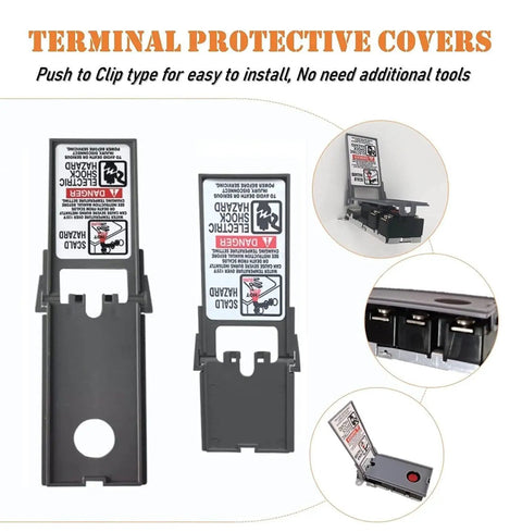 Electric Water Heater Tune Up Kit With Two 4500W 240V Elements shown with terminal protective covers and installation view