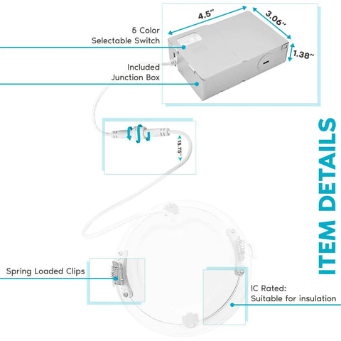 Ultra Thin 6 Inch LED Recessed Light Kit With 14W Dimmable Wet Rated Wafer Lights featuring 5 color temp options, junction box, IC rated clips