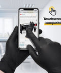 Front view of Schneider nitrile exam gloves, black latex-free powder-free; large size worn on hands using a touchscreen.