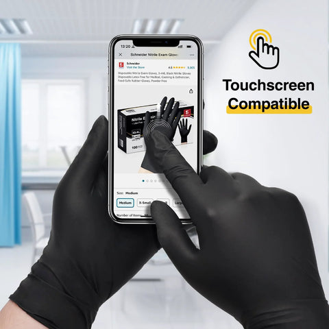 Front view of Schneider nitrile exam gloves, black latex-free powder-free; large size worn on hands using a touchscreen.