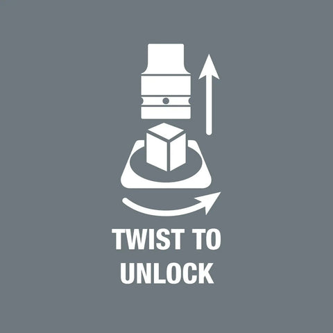 Diagram showing twist to unlock mechanism for Zyklop One Quarter Inch Drive In Hex Plus Bit Socket Set With Pro Grade Holding Function