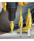 Dang Tough Heavy Duty Titanium Coated HSS Step Drill Bit Set With Triangular Shank for smooth wood and metal cutting in use.