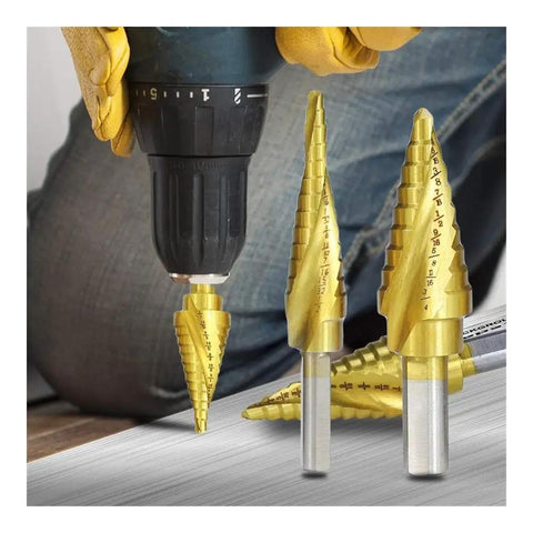 Dang Tough Heavy Duty Titanium Coated HSS Step Drill Bit Set With Triangular Shank for smooth wood and metal cutting in use.