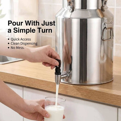 Heavy Duty 1.3 Gallon To 26.4 Gallon Stainless Steel Milk Can With Black Spigot dispensing milk into a glass.