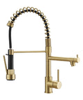 AIMADI Brushed Gold Kitchen Faucet with Pull Down Sprayer featuring a sturdy open coil spout and dual nozzle design.