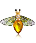 Vintage Crystal Bee Brooch For Women Featuring Amber And Clear Rhinestone Bumblebee Wings Dainty Insect Pin with green and gold detailing.
