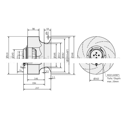 Heavy Duty High Temperature Centrifugal Fan Blower With 400 Volt AC Motor technical drawing with dimensions and design details.