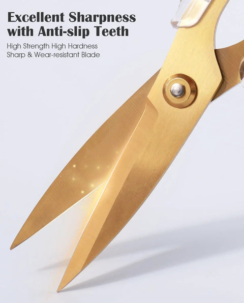 Gold Titanium Plated Kitchen Shears, 7.7 Inch Heavy Duty All Purpose Scissors For Meat, Poultry, And Everyday Kitchen Tasks, Stainless Steel With Acrylic Handle, Dishwasher Safe, Diamond Clear Finish, close-up blades