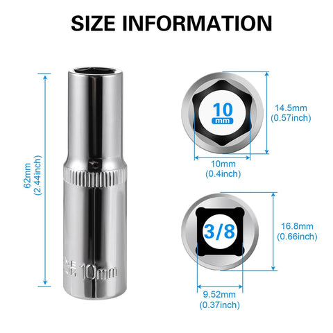 Six Piece 10 Millimeter Deep Socket Set, 6 Point, Three Eighths Inch Drive, Chrome Vanadium Steel socket size details
