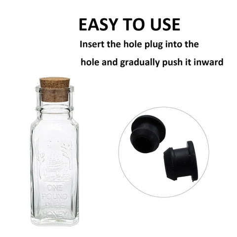 Heavy Duty Silicone Snap In Hole Plugs Waterproof Round Panel Seals 9mm Diameter 20 Pack shown with a jar and cork lid.