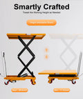 Hydraulic lift table cart with double scissor lift; orange platform, black arms, four locking wheels