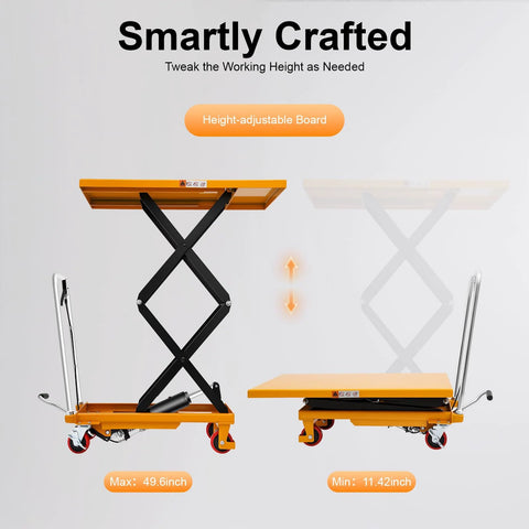 770LBS hydraulic scissor lift table cart with 51-inch lifting height, orange steel platform and four locking wheels