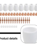 Premium 46-Piece Plasma Cutter Consumables Kit For Cut40 Plus Cut50 And 40D Machines featuring white ceramic nozzles and copper tips.
