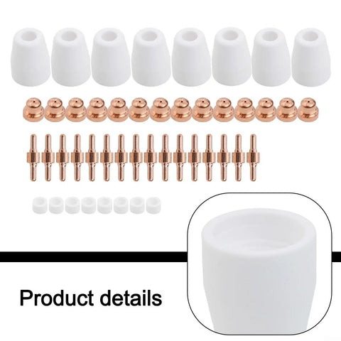 Premium 46-Piece Plasma Cutter Consumables Kit For Cut40 Plus Cut50 And 40D Machines featuring white ceramic nozzles and copper tips.
