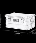 Rugged Folding Storage Box With Lid Heavy Duty Aluminum Frame Stackable Gear Crate Built Tough For Camping And Picnics No Sweat Organization with dimensions.