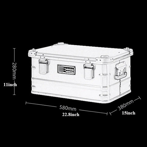 Rugged Folding Storage Box With Lid Heavy Duty Aluminum Frame Stackable Gear Crate Built Tough For Camping And Picnics No Sweat Organization with dimensions.