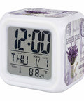 Purple Lavender Farm Wooden Cube LED Digital Alarm Clock displaying time, date, and temperature with floral design.