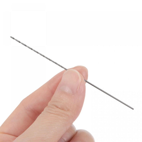 Close-up of a hand holding one piece from the 10 Piece 0.9mm Mini Micro Twist Drill Bits Set in High Speed Steel with Straight Shank