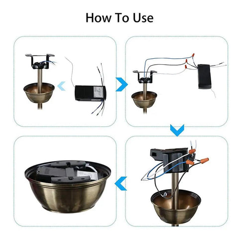 Installation steps of WiFi Universal Ceiling Fan Light Remote Control Kit with Built In Mute and Timer, components and wiring layout