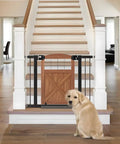 Solid Wood Farmhouse Barn Door Dog Gate Gliding Smooth Operator Style adjustable width with a dog near stairs.