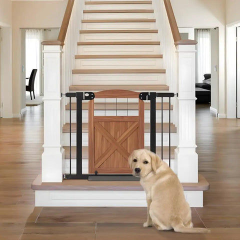 Solid Wood Farmhouse Barn Door Dog Gate Gliding Smooth Operator Style adjustable width with a dog near stairs.
