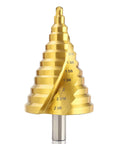 ROGAPER spiral groove step drill bit, 12-step, gold-colored high-speed steel, 1/4"–2-3/8" capacity, mounted on a drill
