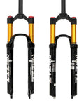 Dual-view of Air Mountain Bike Suspension Fork for 26 27.5 29 inch bikes, showing 120mm travel, 9mm quick release, disk brake compatible.