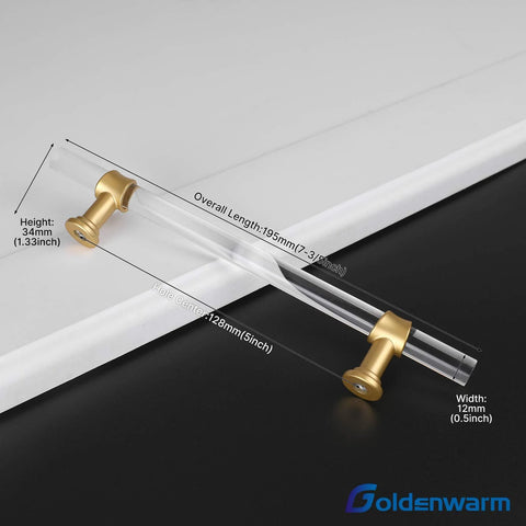 10 Piece 5 Inch Gold Cabinet Handles Set Crystal Acrylic Drawer Pulls With Brushed Brass Finish for cabinets and dressers