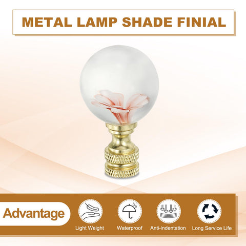 Pink Glass Flower Ball Lamp Finial Cap 1/4-27 Thread, 2 Pack for Lampshade Harp Tops, Metal and Glass Decorative Knob.