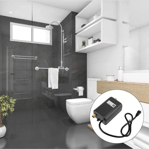 Instant 3000W Tankless Hot Water Heater 110V Mini Electric Water Heater installed in modern bathroom setting