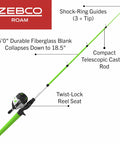 Roam Spincast Reel And Telescopic Fishing Rod Combo Extendable Eighteen Point Five Inch To Six Foot Pole With Comfort Grip Handle
