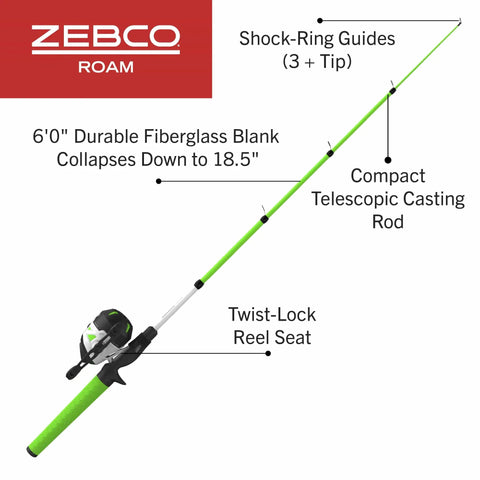 Roam Spincast Reel And Telescopic Fishing Rod Combo Extendable Eighteen Point Five Inch To Six Foot Pole With Comfort Grip Handle
