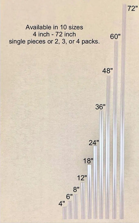 Heavy Duty Piano Hinge 24 Inch 3 Pack Screwless Friction Fit PVC Plastic Connectors For Acrylic And Plexiglass Panels displayed in various sizes from 4 inch to 72 inch.