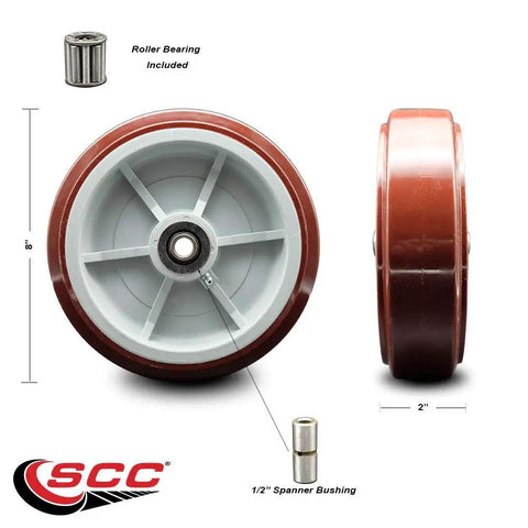 Tough As Nails 8 Inch Poly On Polyolefin Caster Wheel With Roller Bearing showing top and side views with included roller bearing and bushing.