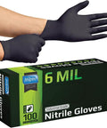 Front view of Inspire 6MIL black nitrile gloves box; industrial grade, 100-count, hands wearing gloves