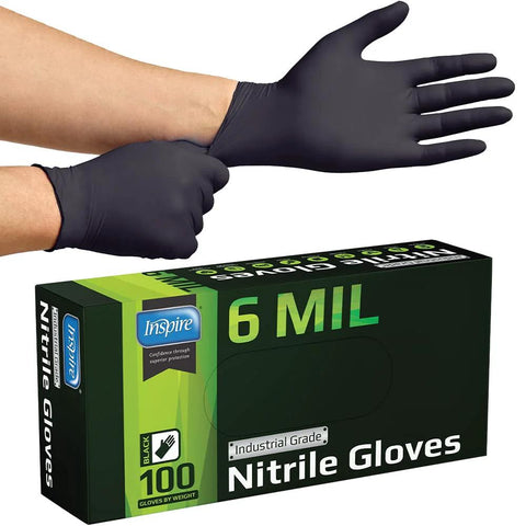 Front view of Inspire 6MIL black nitrile gloves box; industrial grade, 100-count, hands wearing gloves