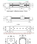 Slide table drawing for Dead Nut Precise T Type Mini Sliding Table Linear Rail Actuator With Nema11 Motor Kit dimensions and details.