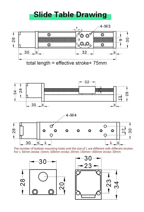 Slide table drawing for Dead Nut Precise T Type Mini Sliding Table Linear Rail Actuator With Nema11 Motor Kit dimensions and details.