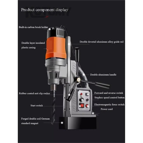 Industrial Grade Magnetic Drill Press With Powerful Suction Base For Heavy Duty Metalworking, showcasing detailed components and settings.