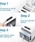 Step-by-step guide for Compact Nugget Ice Maker With Self Cleaning Countertop Design showing water filling, controls, and ice drawer.