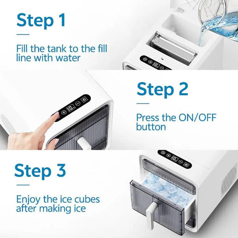 Step-by-step guide for Compact Nugget Ice Maker With Self Cleaning Countertop Design showing water filling, controls, and ice drawer.