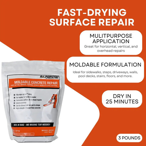 Moldable Concrete Repair Compound For Quick Patch Up On Patios Walkways Driveways And Masonry Fast Drying In About 25 Minutes Interior Or Exterior Use Horizontal To Overhead Repairs 3 Pound Kit bag front view